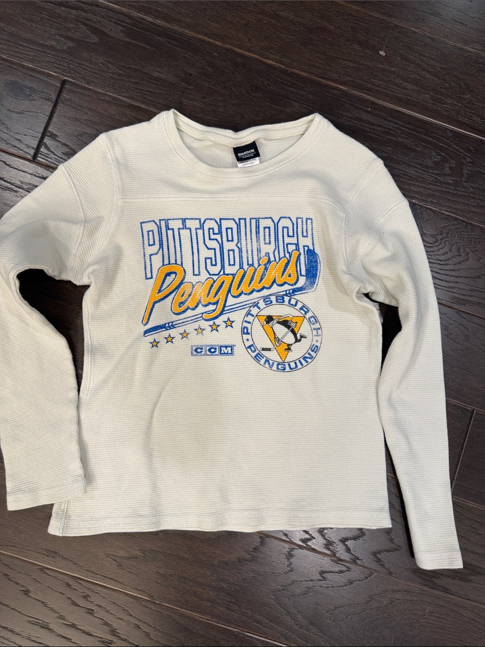 Reebok Cream Pittsburgh Penguins Long Sleeve Tee with Blue & Yellow Graphics